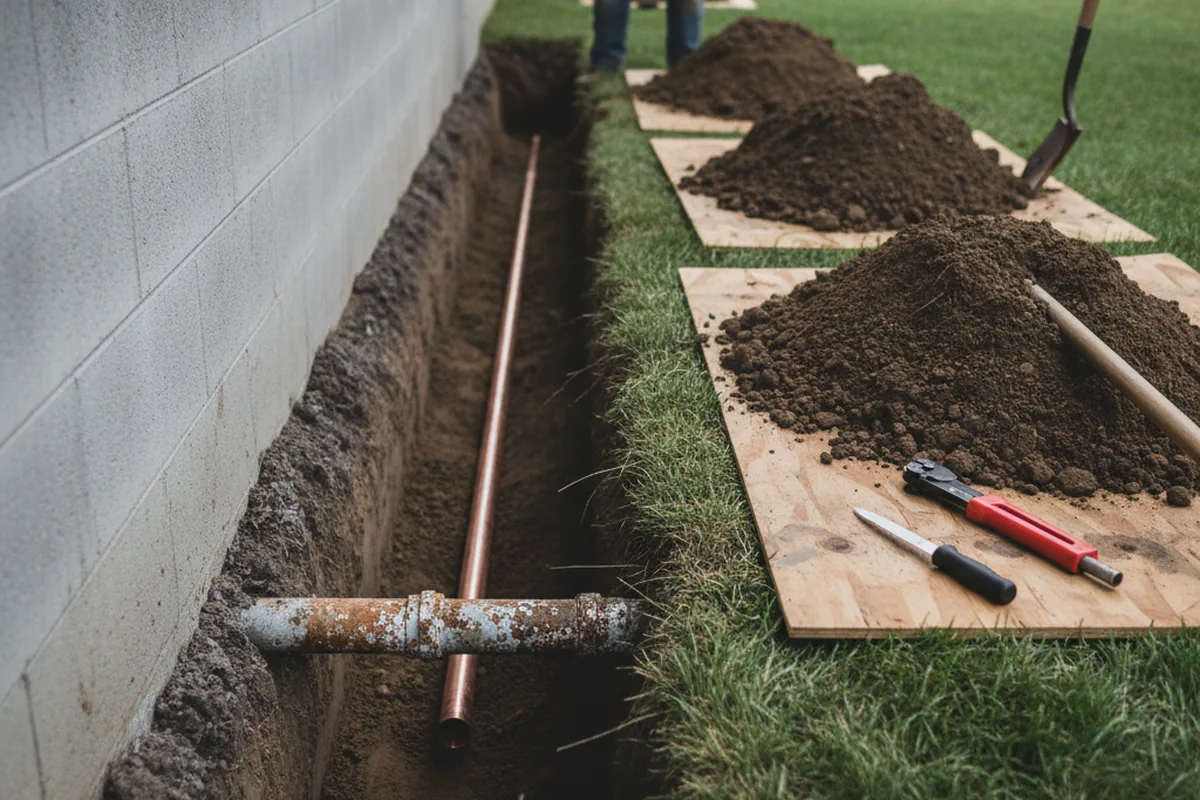 Excavated water line trench during Water Softener Installation in Mocksville